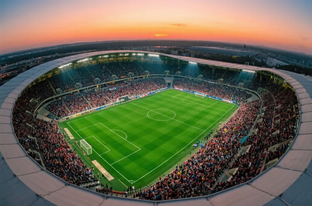 An aerial view of a massive modern sports stadium filled with a vibrant crowd under sunset lighting, generic green pitch, no branding